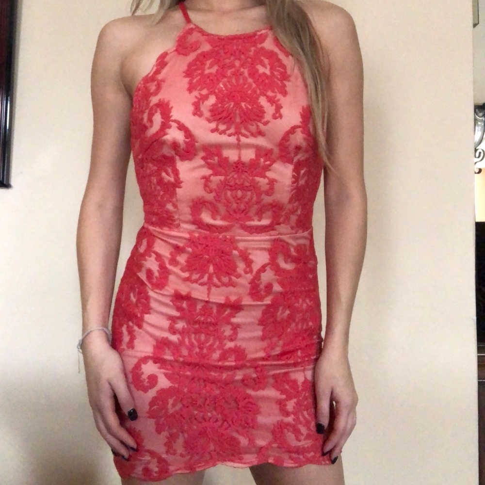 Red fitted, backless dress